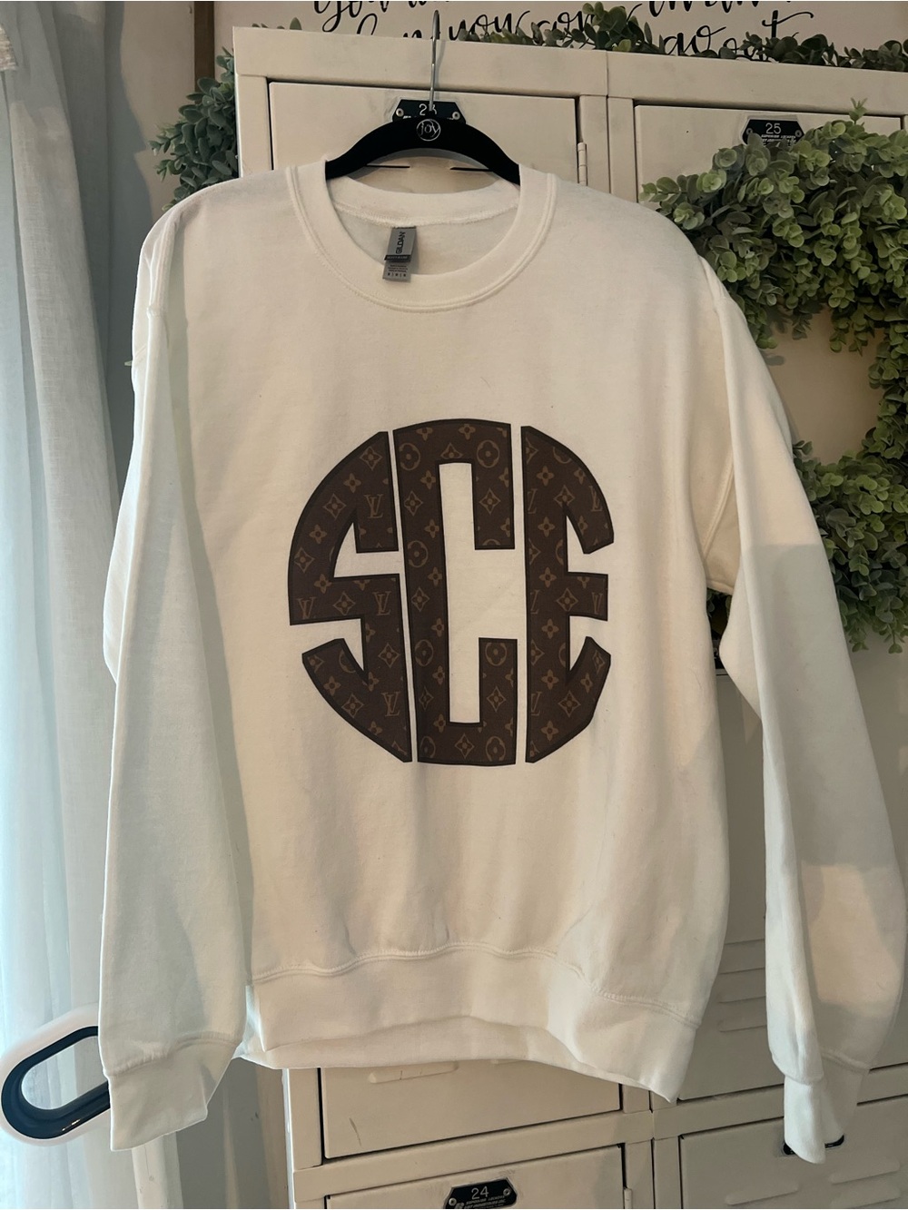 NWOT - White Crewneck Sweatshirt with Brown Monogram S.E.C